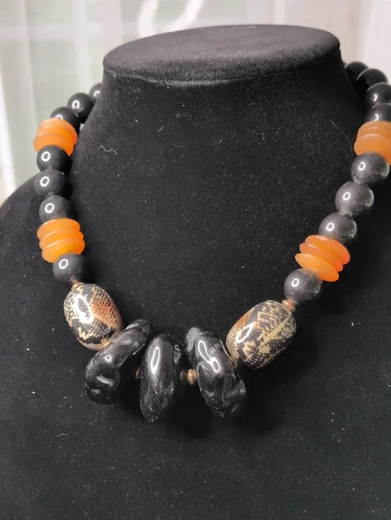 Bold Black & Orange Bead Statement Necklace