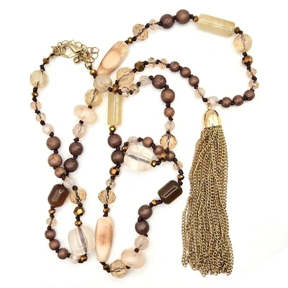 Boho‎ Beaded Tassel Necklace Earthy Mixed Media Hand Knotted Gold Tone Chain
