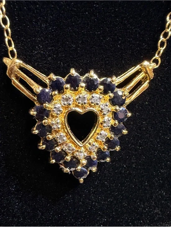 18K Gold Over Sterling Silver AAA Sapphire & Diamond Jeart Necklace 5.12 CTW 17”
