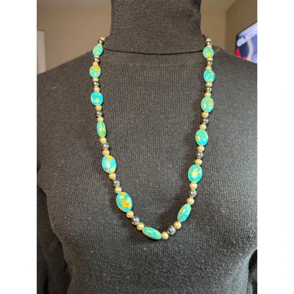 Simulated Turquoise Hermatite Beaded Necklace Southwestern Blue Silver Tone 27