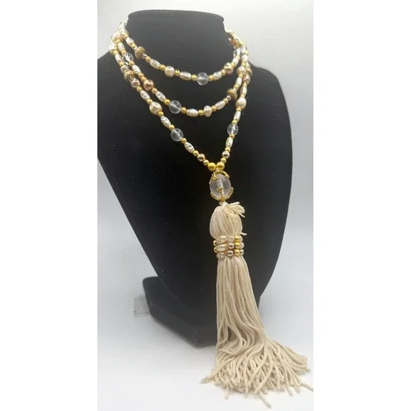 Long Faux Pearl‎ Tassel Necklace 38