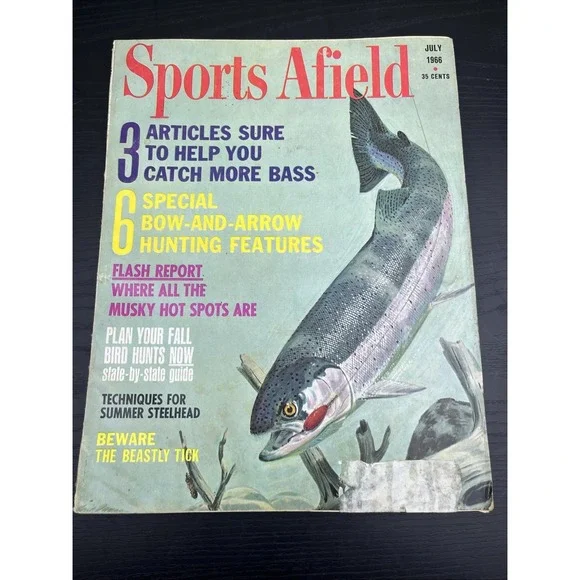 Sports Afield July 1966 Catch More Bass Fishing Cover Vintage Magazine‎