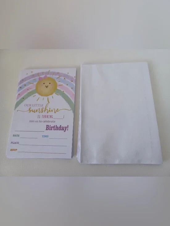 Nine Birthday Party Invitations Sun Rainbow With Thirteen White Envelopes Invite