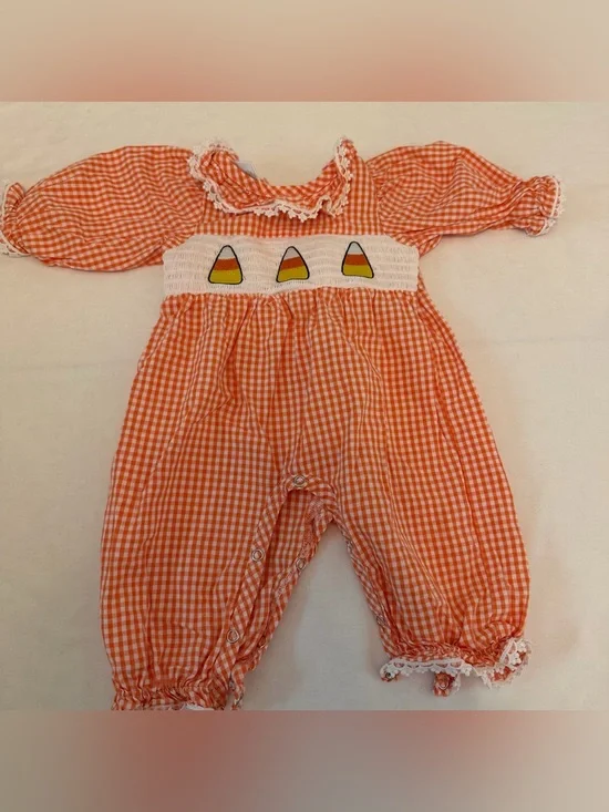 Baby Girls Candy Corn Smocked Gingham Romper 6M Orange Halloween Boutique Outfit