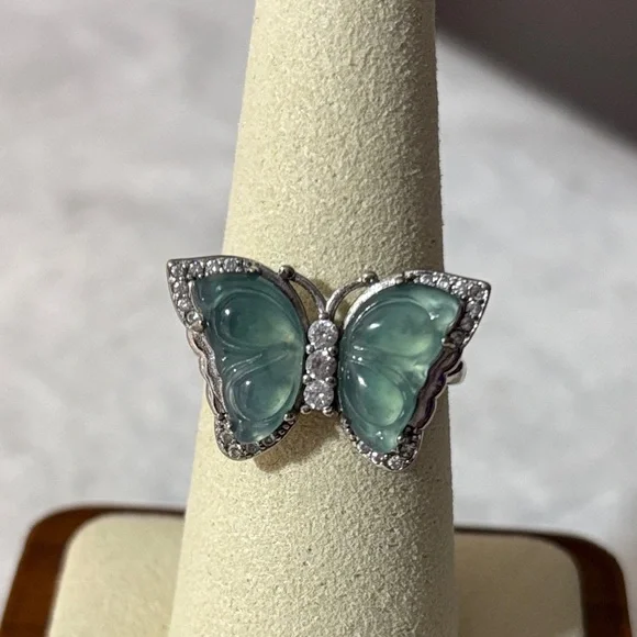 S925 Natural Jade Butterfly Sterling Silver Adjustable Ring