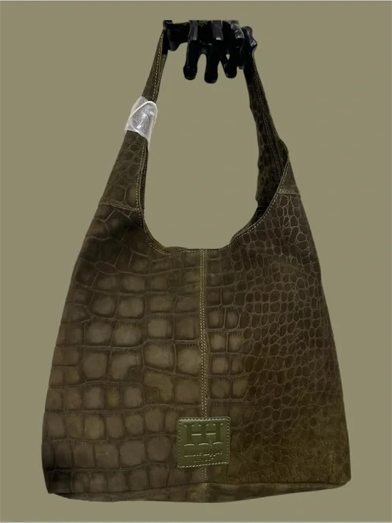 Haute Hippie olive green hobo bag with, crocodile-embossed suede design.NWT