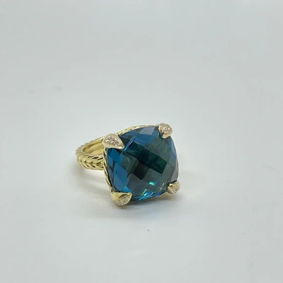 David Yurman Chatelaine Ring 18K Yellow Gold,Hampton Blue Topaz & Diamonds, 14mm