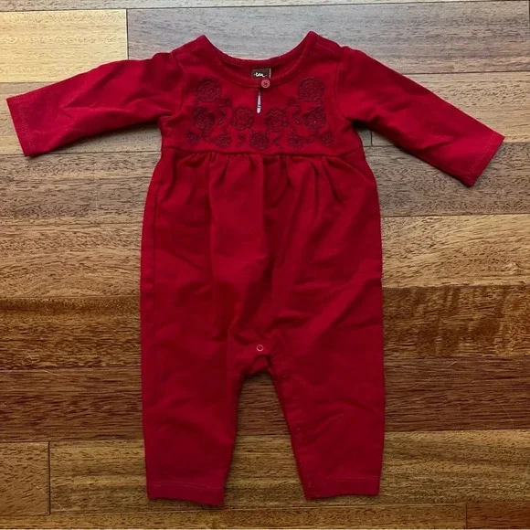 Tea Collection Red Rose Floral Romper, Size 3-6 Months