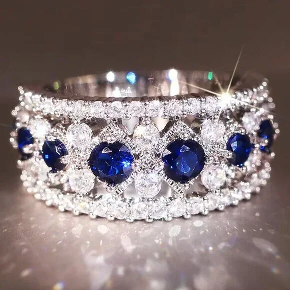 NEW 18k White Gold Blue Sapphire Diamond Ring Band