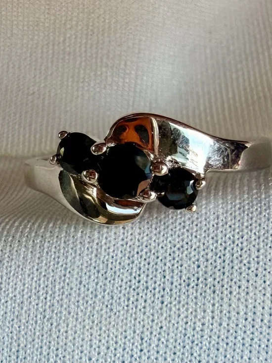 14K White Gold/925 Sterling Silver Black Sapphire Ring