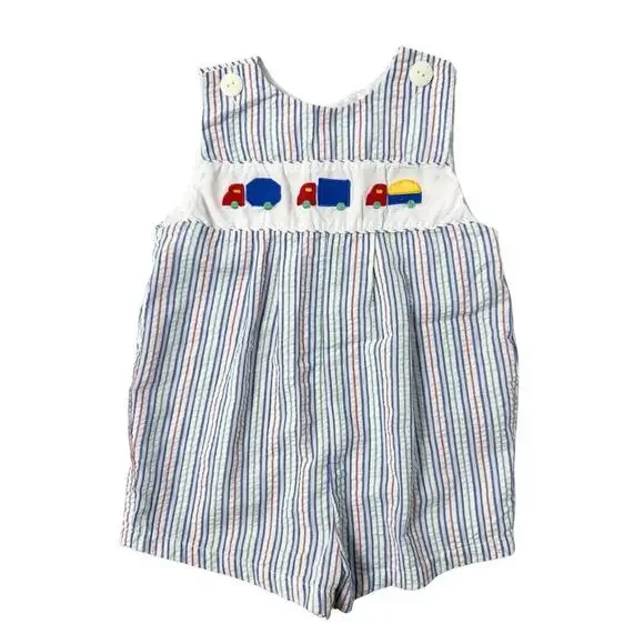 Vintage Baby Boy Seersucker Shortall Romper 18M Striped Smocked Truck Outfit