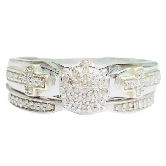 Bridal Set Wedding Engagement Cross Round Diamond Ring Sz 6.75