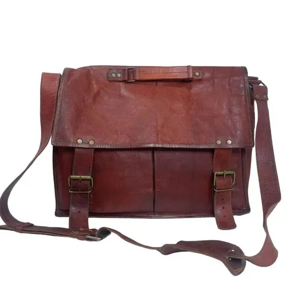 Vintage Cognac Leather Messenger Back Satchel Briefcase Laptop Case