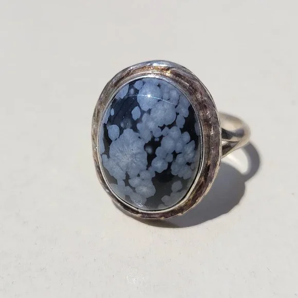 Vintage Sterling Silver Snowflake Obsidian Ring Size 7.5 Black Gray