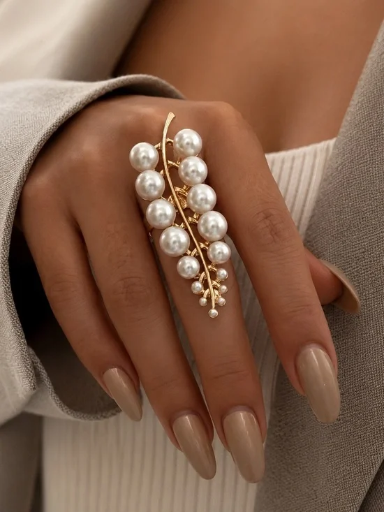 Gold Pearl Vine Statement Ring - Elegant White Pearl Fashion Ring