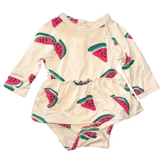 Spearmint Love Baby Watermelon Skirted Long Sleeve Soft Bamboo Bodysuit Sz 0-3 M