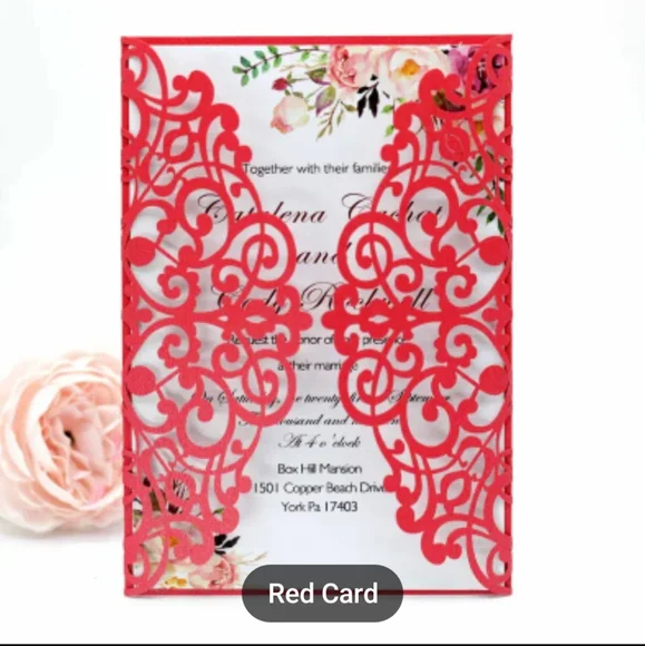 Elegant 10 Piece Laser-Cut Pearl Paper Wedding Invitations Birthdays Red