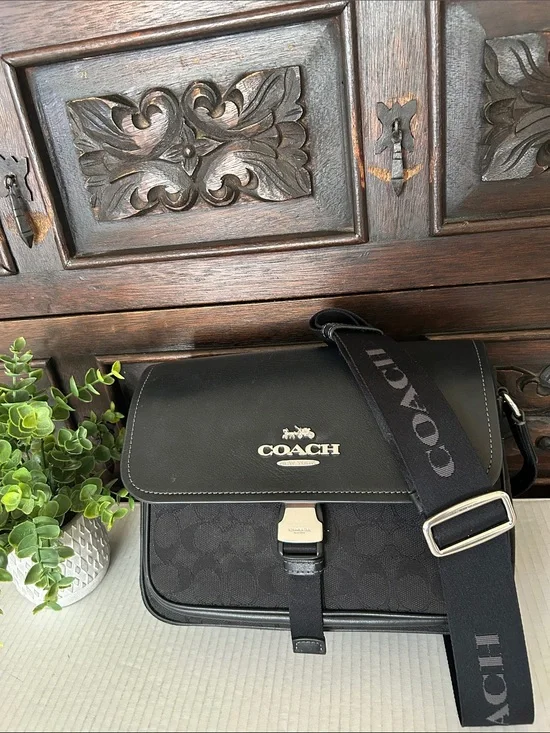 Coach Black Signature Messenger Bag with Branded Strap
