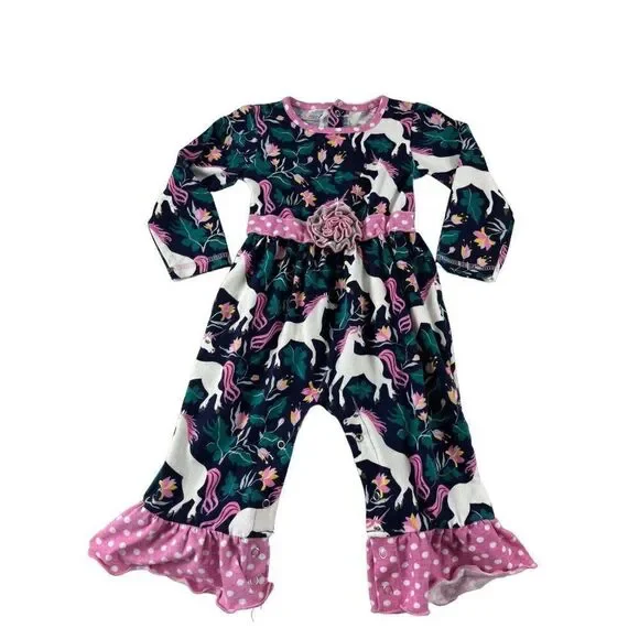 AnnLoren Sara Unicorn Polka Dot Flower One Piece Long Sleeve Romper 18-24 Months