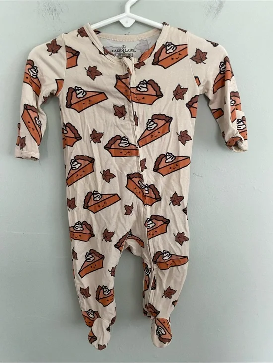 Caden Lane Cream and Orange Pumpkin Pie Print Newborn Footie Pajamas