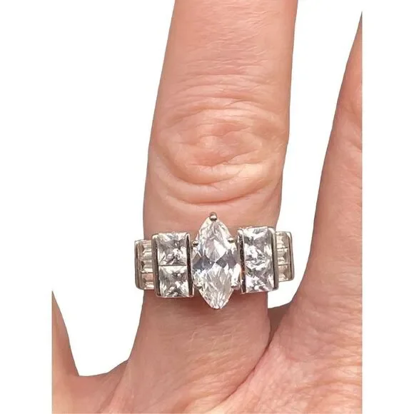 Sterling silver 925 2 karat Marquis CZ flanked by princess cut and baguette CZs