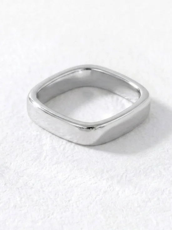 Platinum Plated Modern Square Silver Edge Band Ring  | Minimalist Elegant Ring