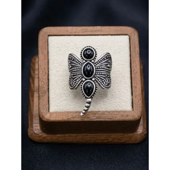 Vintage Style Silver Black Onyx Dragonfly Ring Gothic Southwestern Statement 9
