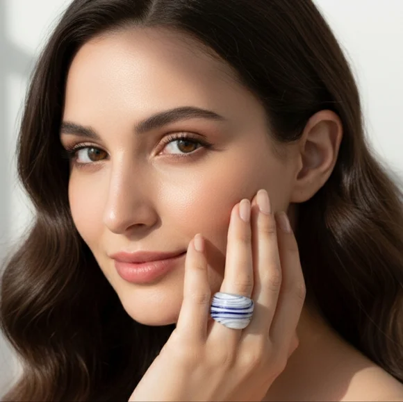 Blue & White Swirl Acrylic Statement Ring