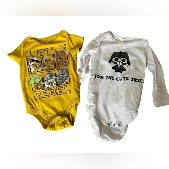 2 Star Wars Kids Onesies 6 mo Yellow “Little Rebel” & White “Join the cute side”