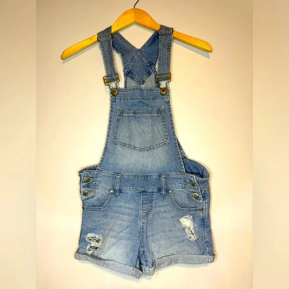 Blue Spice Light Wash DESTROYED Denim‎ Overall DAISY DUKE'S Shorts Girl SZ 1
