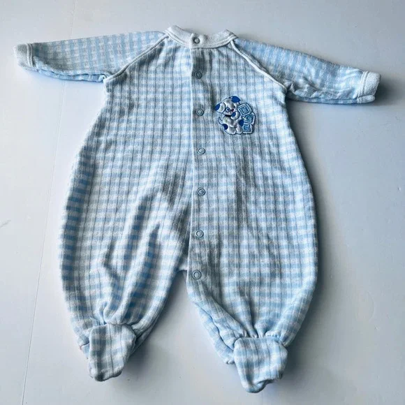 Vintage Sweet Treasures Footed Sleeper 3-6M Blue Plaid Dog Pajamas