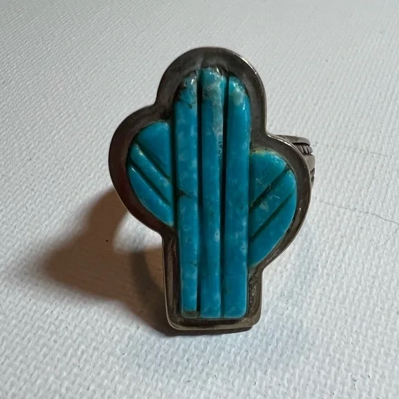 Native American made Turquoise Carved Cactus Ring. Size 9