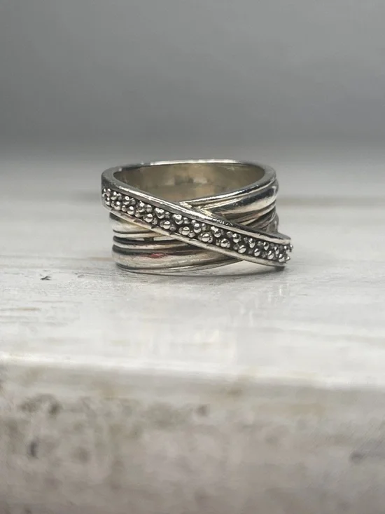 Michael Dawkins Sterling Silver Caviar Cross Over Ring