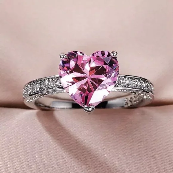 New Trendy Heart Shape Zircon Wedding Rings For Women Romantic Pink Enga…