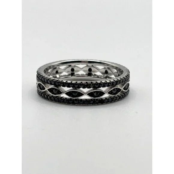Black Spinel Eternity Ring 925 Sterling Silver Rhodium-Plated Size 10