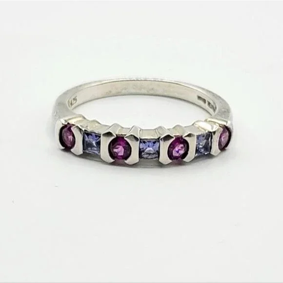 VTG 925 Sterling Silver Alternating Pink and Blue Gemstone Band Ring, Size 9.25