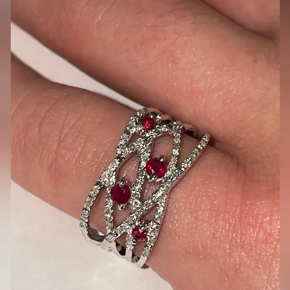 Solid 10K White Gold Ruby Rubies & Diamond Ring (not 14K ) Modern Orbital Band