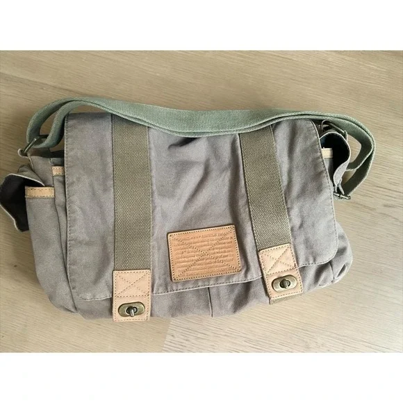 Fossil‎ Military Olive Canvas Leather Messenger Utility Laptop Bag Turnlock