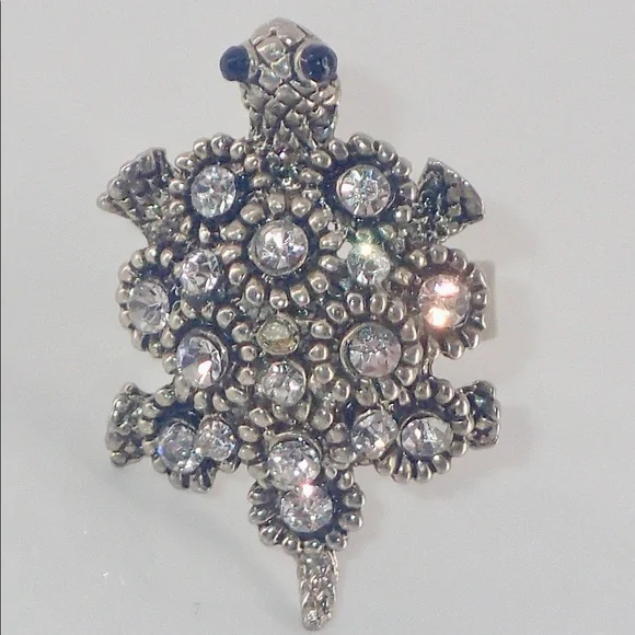 Vintage Ring Crystal Turtle Silver Adjustable Band Size 7 A Statement Piece Rare