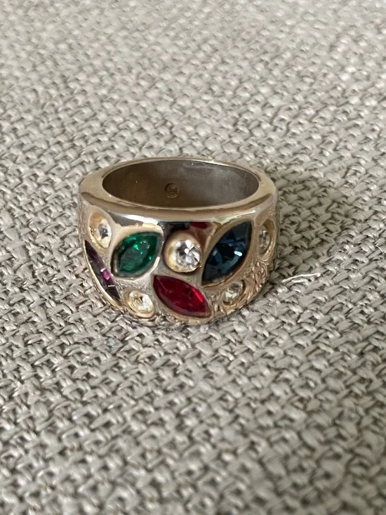 Gold Plated Multi-Stone Dome Ring with Red, Green, Purple,Blue and Clear Stones