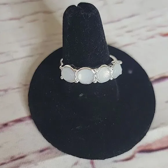 Silvertone Ring with White Opaque Stones Size 9