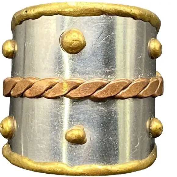 Anju designer metal cuff ring adjustable stainless, brass and copper braid beads