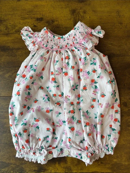 Rachel Riley Pink Floral Smocked Baby Romper