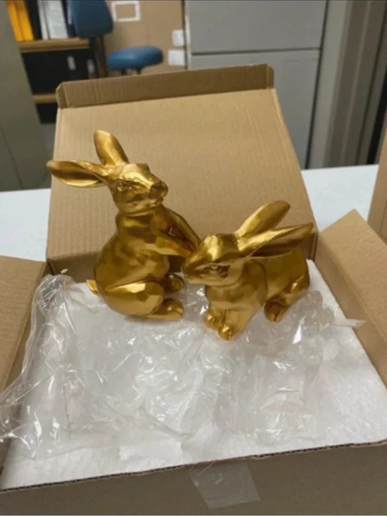 Gold Ceramic Rabbit Figurine Set 2pc Modern Bunny Statue Home Art Decor Gift