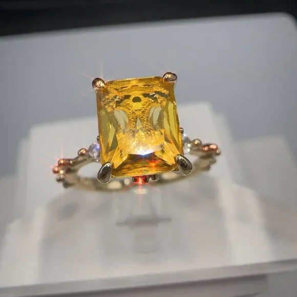 Yellow CZ Radiant Cut Gold Plated Brass Ring Size 8 Fashion Jewelry