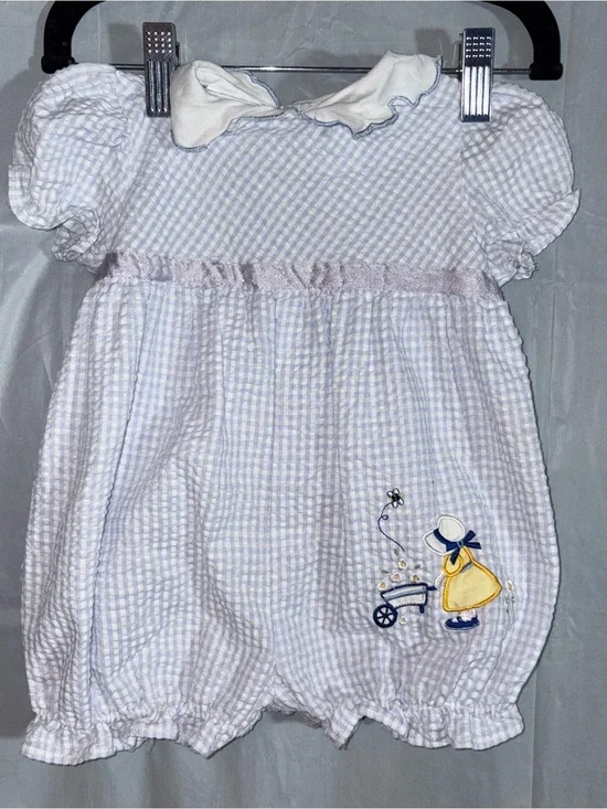 Vintage Retro 90s Americana Baby Girl Blue Gingham Bubble Romper 6/9 Months