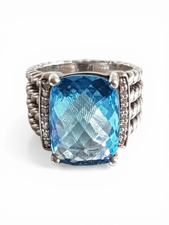 David Yurman Wheaton Ring Blue Topaz Diamond Sterling Silver Sz 10  NWT