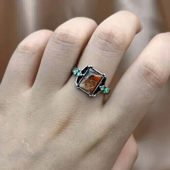 Silver and Green Vintage Inspired Ring with Intricate Design