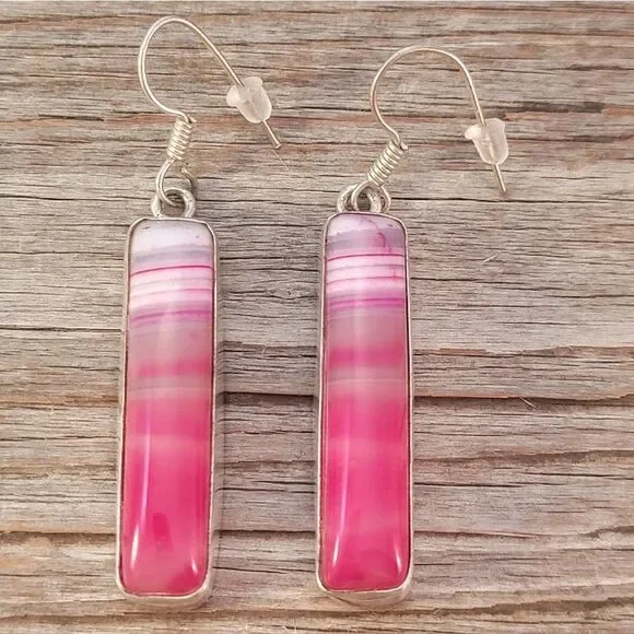 Silver Long Rectangle Pink Agate Bezel Set Dangle Earrings