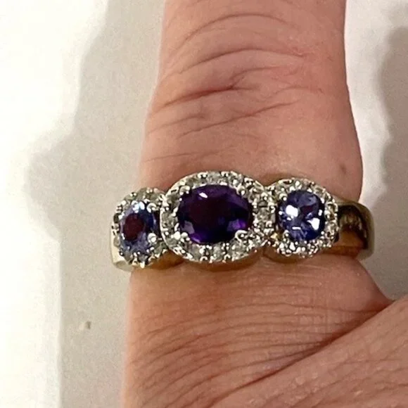 Amethyst, tanzanite, diamond and 14K gold cocktail ring.